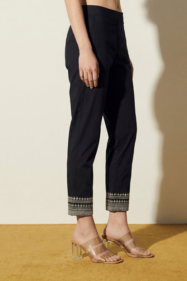 Elleven Women's Black Straight Fit Ankle Length Trousers with Embellished Hemline
