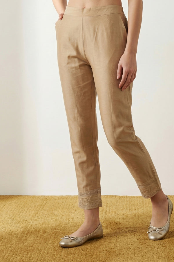 Elleven Women's Gold Embroidered Straight Fit Ankle Length Mid Rise Trousers