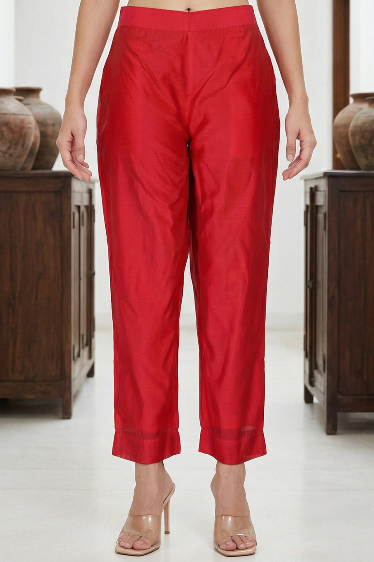 Elleven Women's Red Solid Chanderi Straight Fit Ankle Length Trousers - XS