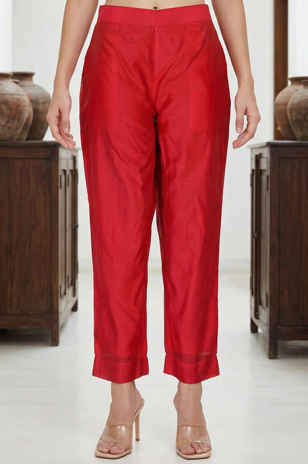 Elleven Women's Red Solid Chanderi Straight Fit Ankle Length Trousers