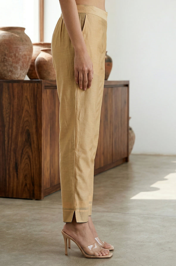 Elleven Women's Gold Solid Chanderi Straight Fit Ankle Length Trousers