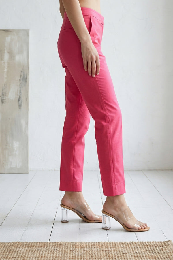 Elleven Women's Pink Solid Chanderi Tapered Fit Ankle Length Trousers