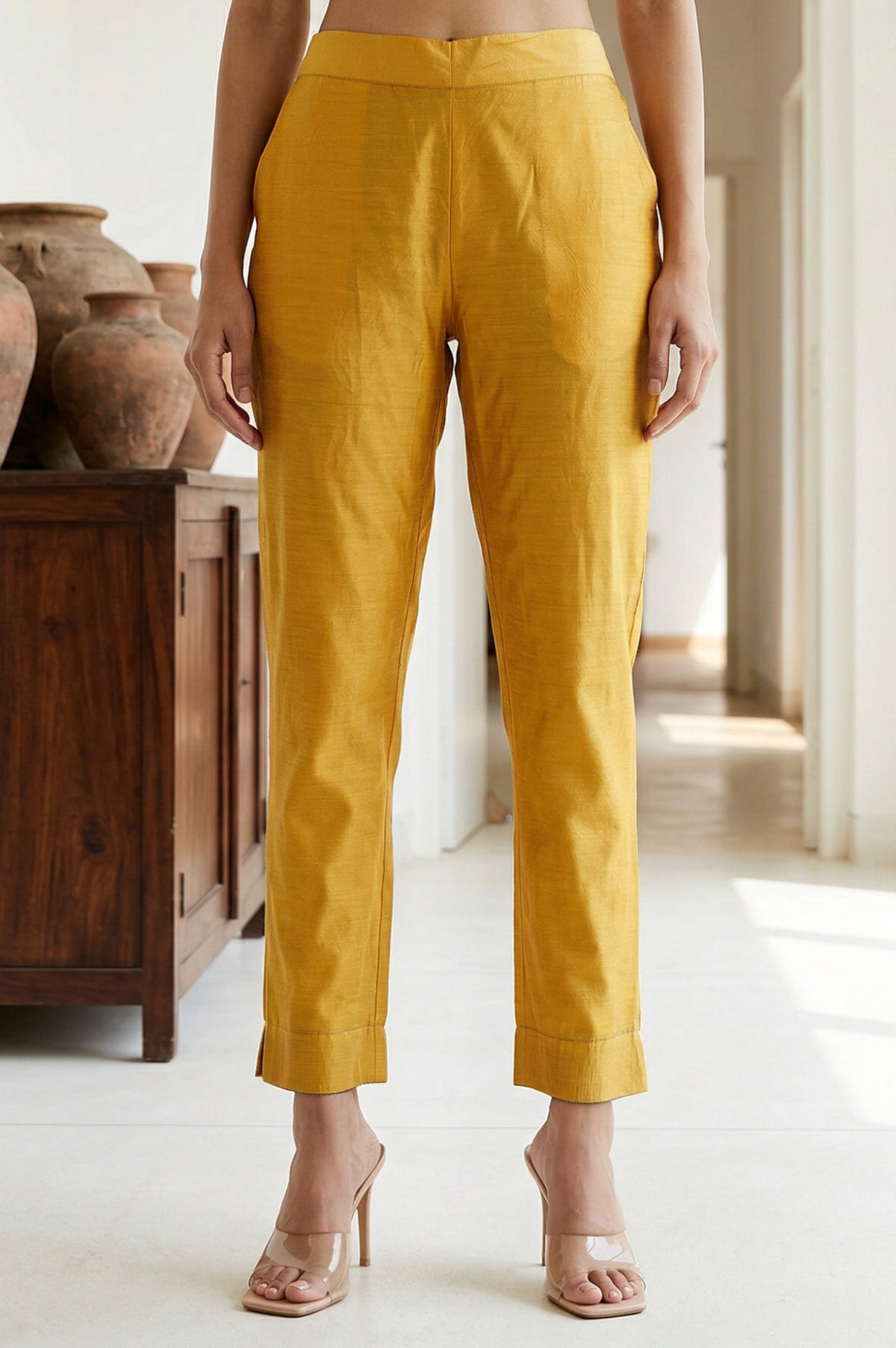 Elleven Women's Mustard Solid Chanderi Straight Fit Ankle Length Trousers - XS