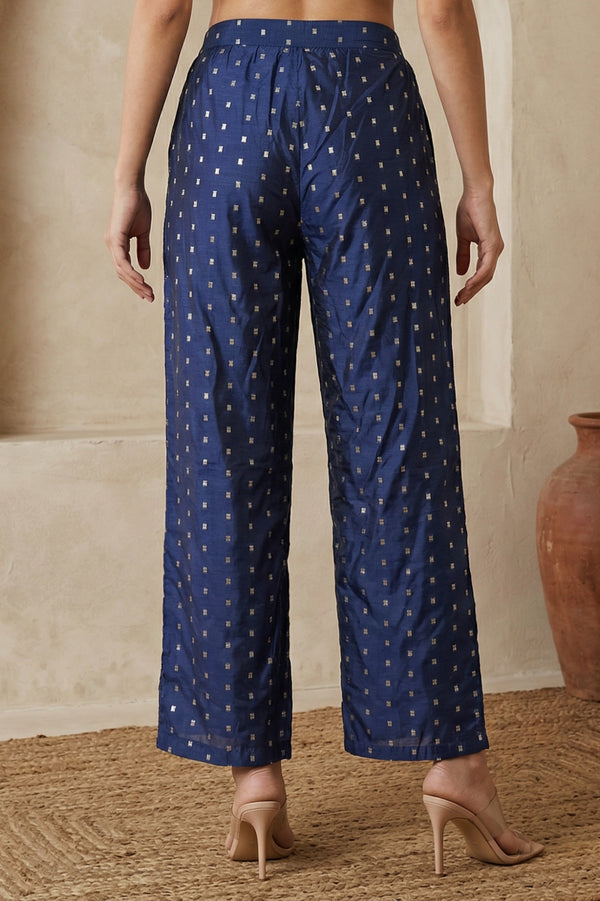 Elleven Women's Navy Blue Chanderi Wide Leg Ankle Length Palazzo Pants