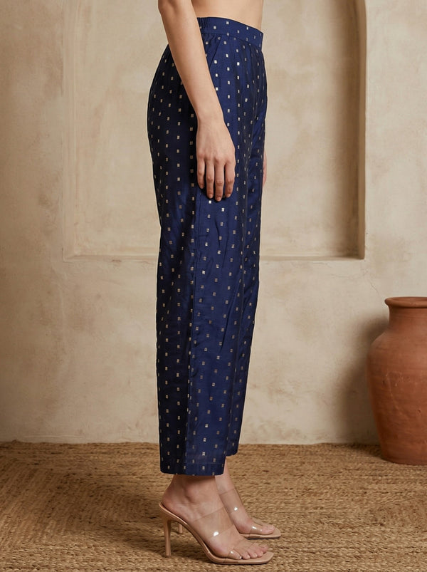 Elleven Women's Navy Blue Chanderi Wide Leg Ankle Length Palazzo Pants