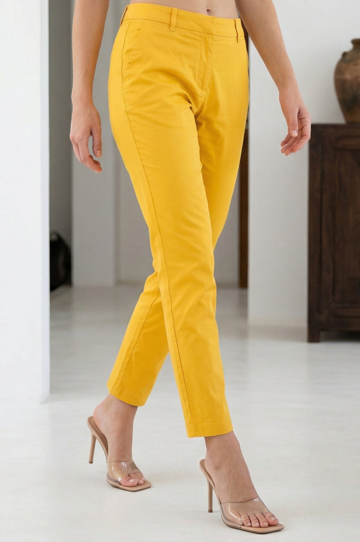 Elleven Women's Yellow Solid Cotton Spandex Slim Fit Trousers - XS