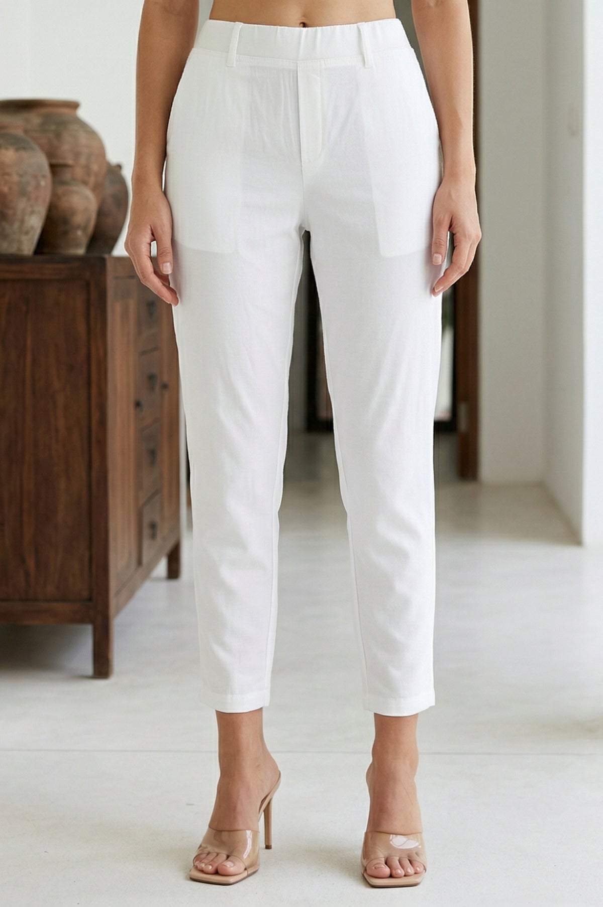 Elleven Women's White Solid Cotton Blend Tapered Fit Ankle Length Trousers - S