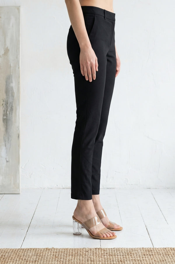 Elleven Women's Black Solid Cotton Blend Slim Fit Cigarette Ankle Length Trousers