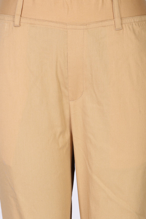 Elleven Women's Light Gold Solid Cotton Blend Tapered Fit Ankle Length Trousers