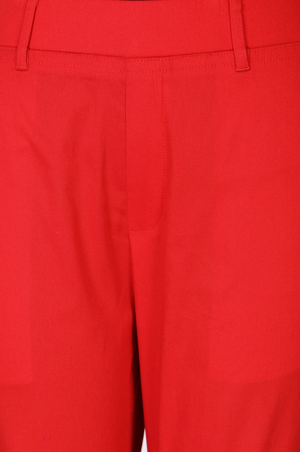 Elleven Women's Red Solid Cotton Blend Slim Fit Ankle Length Trousers