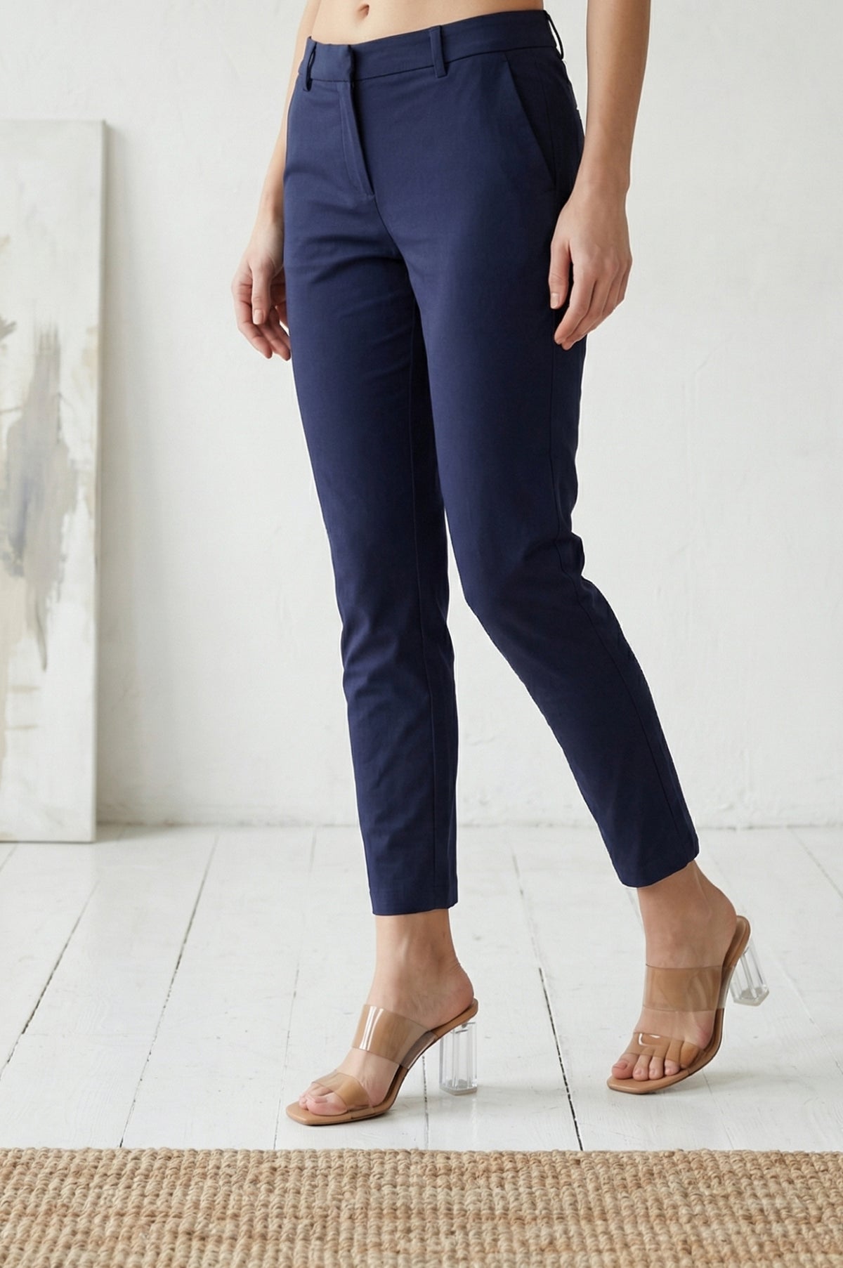 Elleven Women's Navy Blue Solid Cotton Spandex Slim Fit Trousers - S