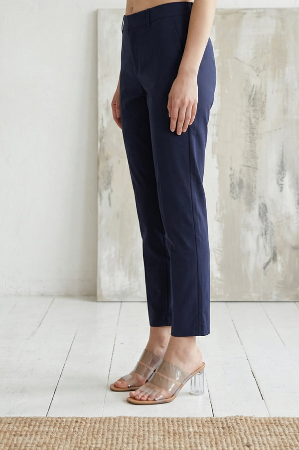 Elleven Women's Navy Blue Solid Cotton Spandex Slim Fit Trousers