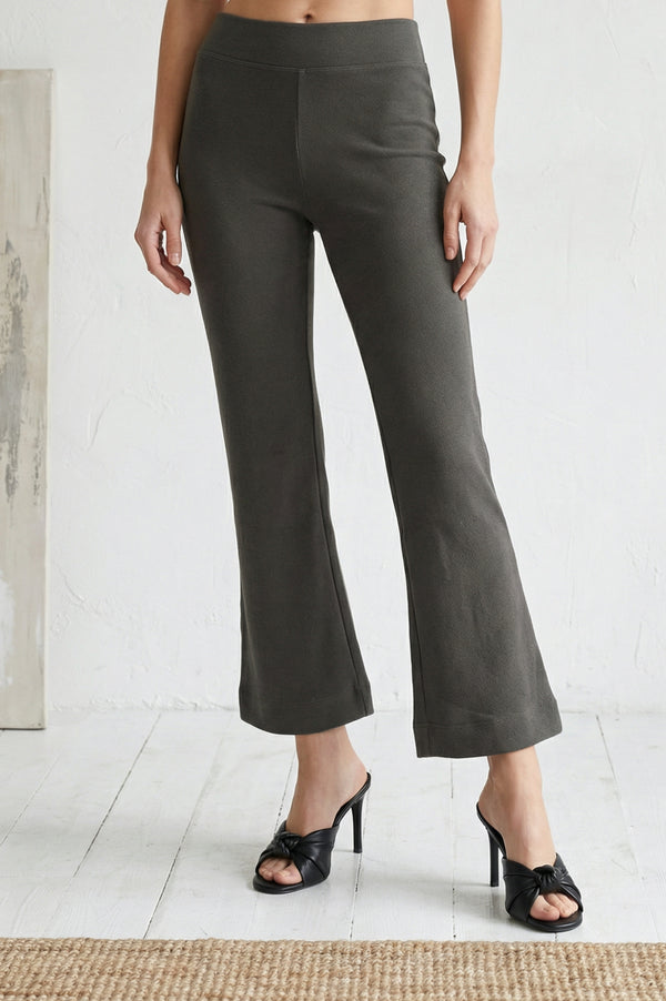 Elleven Women's Olive Solid Cotton Blend Slim Fit Flared Pants