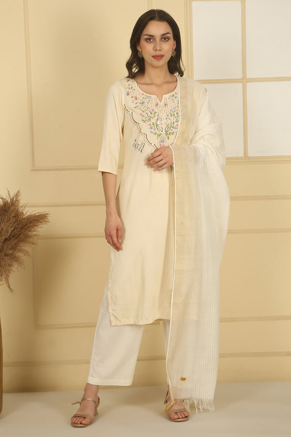 Off-White Zari Weaved Rayon Dobby Dupatta