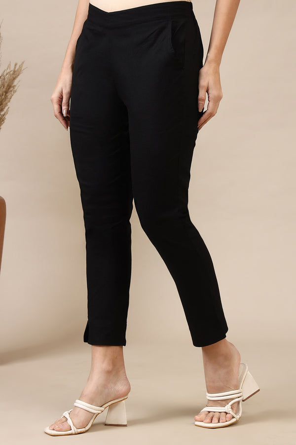 Black Solid Cotton Flax Mid Rise Ankle Length Slim Fit Trouser