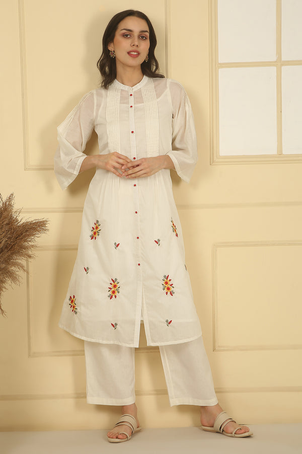 White Thread Embroidered Cotton Blend A-line Kurta and Palazzo Set