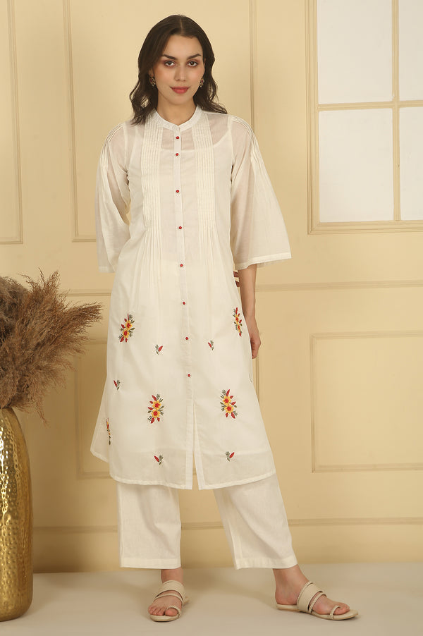 White Thread Embroidered Cotton Blend A-line Kurta and Palazzo Set