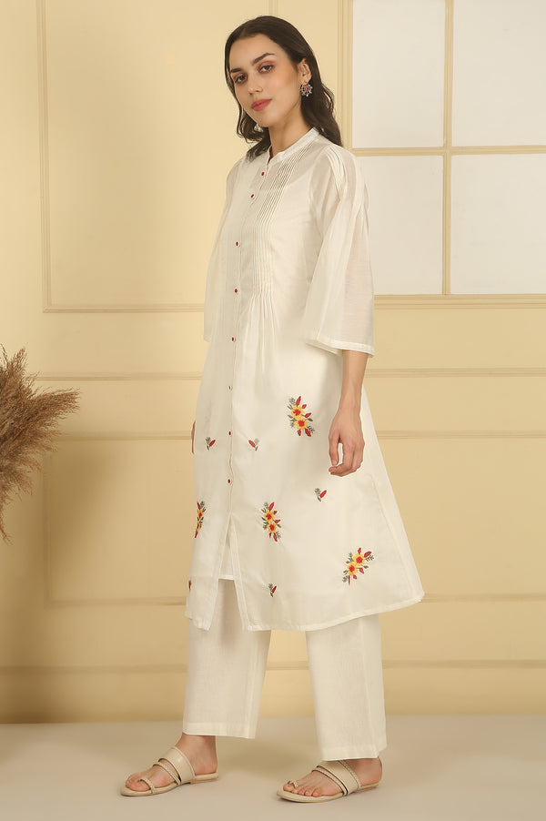 White Thread Embroidered Cotton Blend A-line Kurta and Palazzo Set