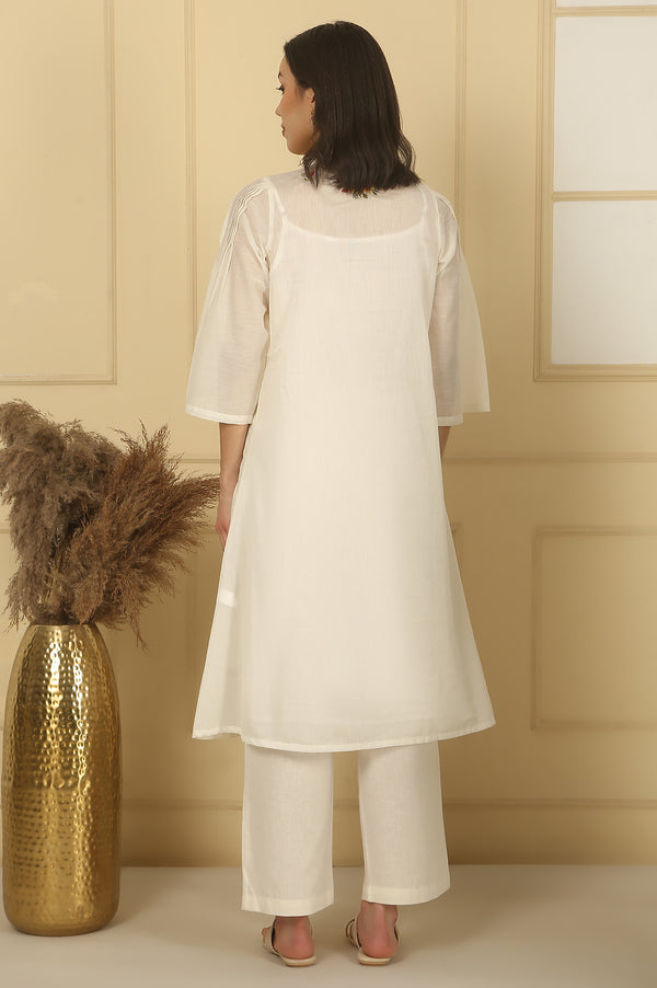 White Thread Embroidered Cotton Blend A-line Kurta and Palazzo Set