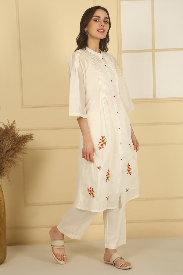 White Thread Embroidered Cotton Blend A-line Kurta and Palazzo Set