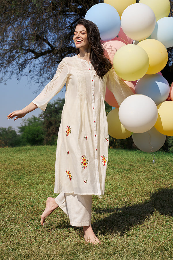 White Thread Embroidered Cotton Blend A-line Kurta and Palazzo Set