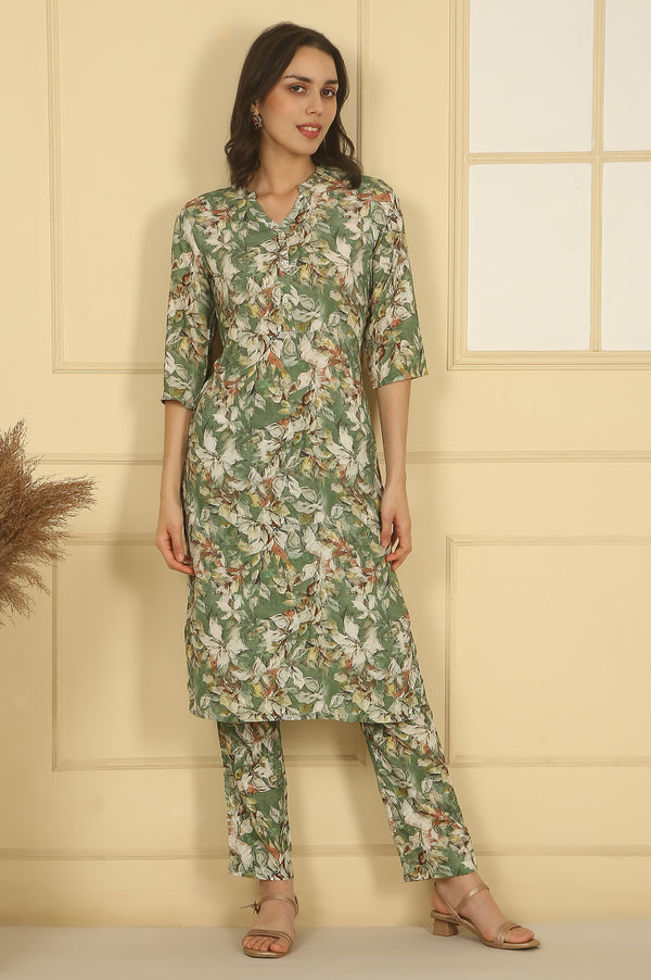 Green Floral Printed Straight Kurta and Palazzo Co-ord Set