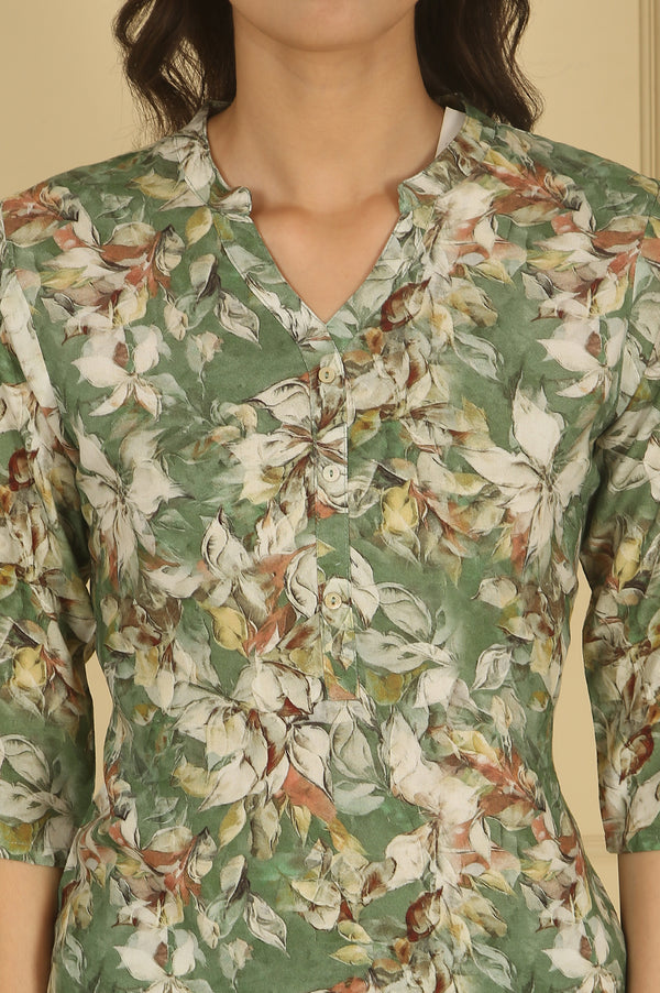 Green Floral Printed Straight Kurta and Palazzo Co-ord Set