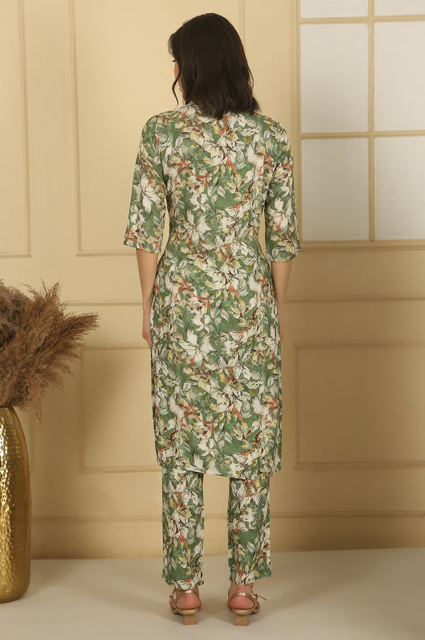 Green Floral Printed Straight Kurta and Palazzo Co-ord Set