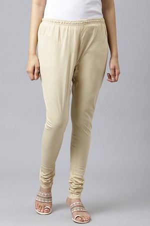 Beige Solid Knitted Churidar - S