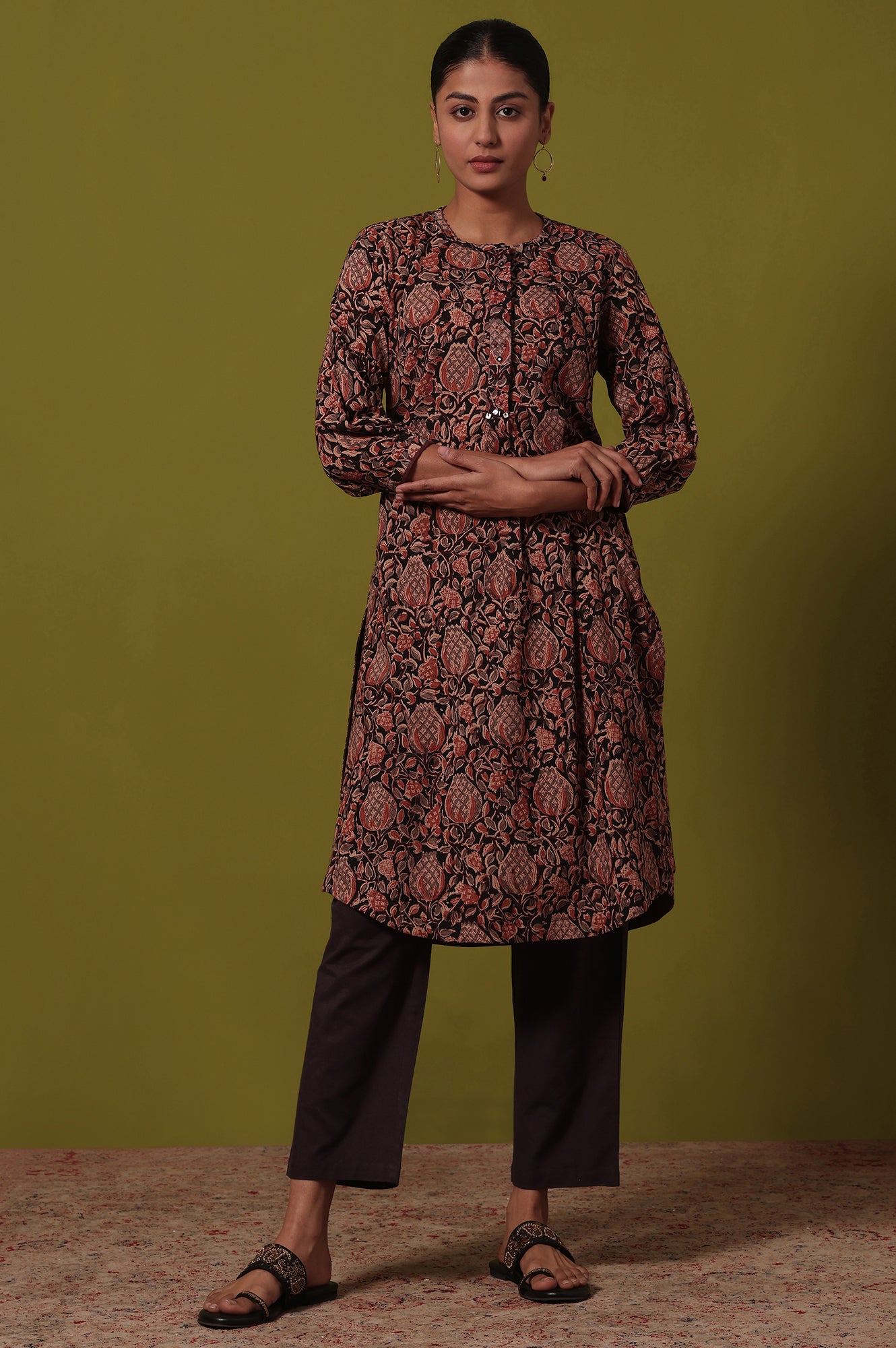 Brown Printed Straight Pure Cotton Kurta