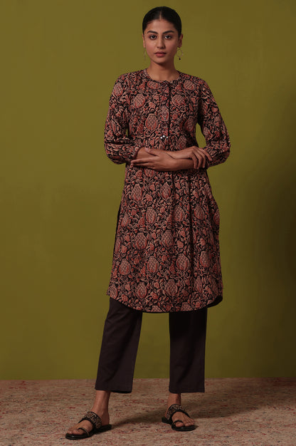 Brown Printed Straight Pure Cotton Kurta
