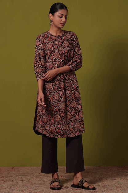 Brown Printed Straight Pure Cotton Kurta