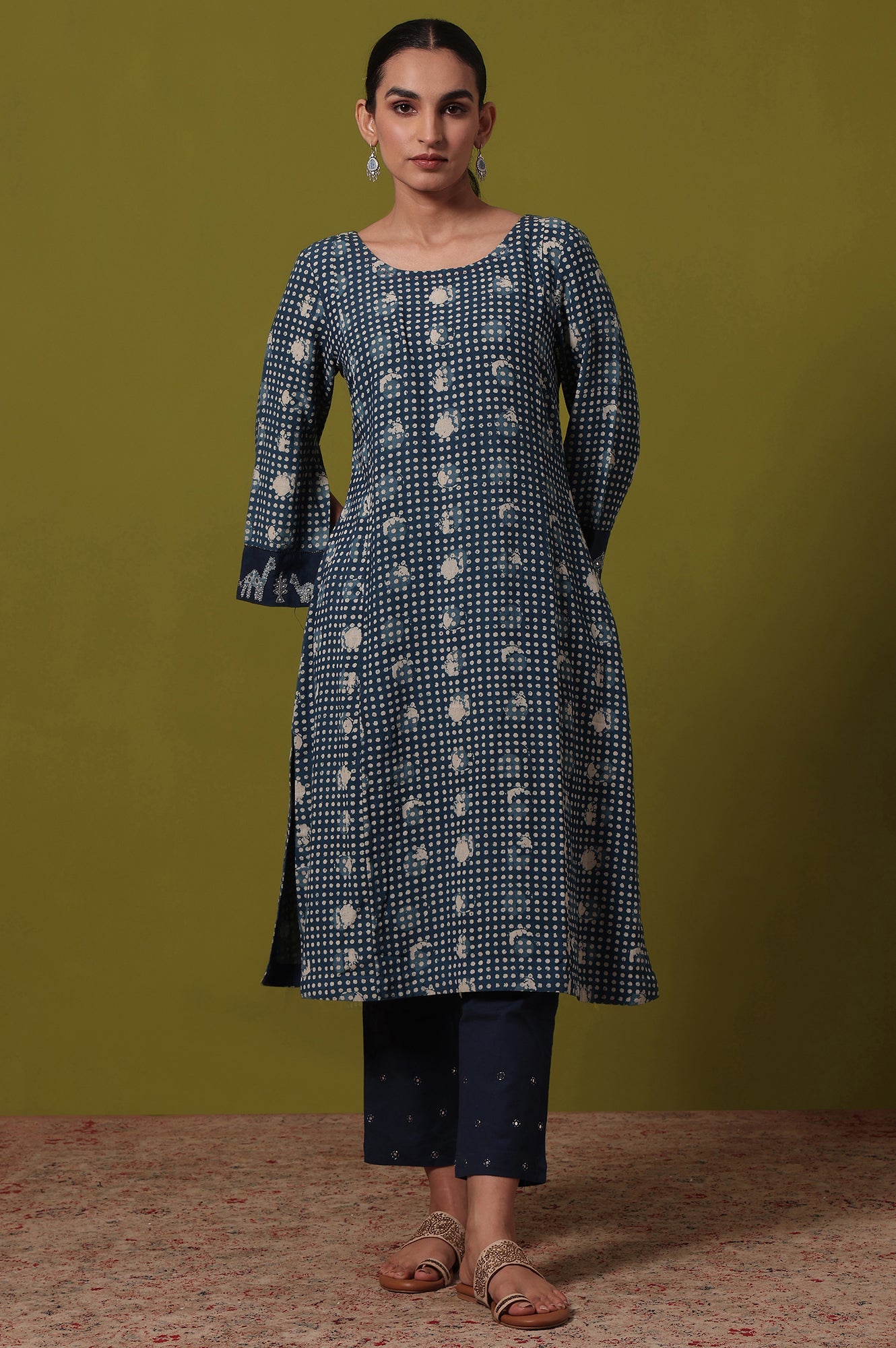 Polka Print  A-line Cotton Blend Kurta