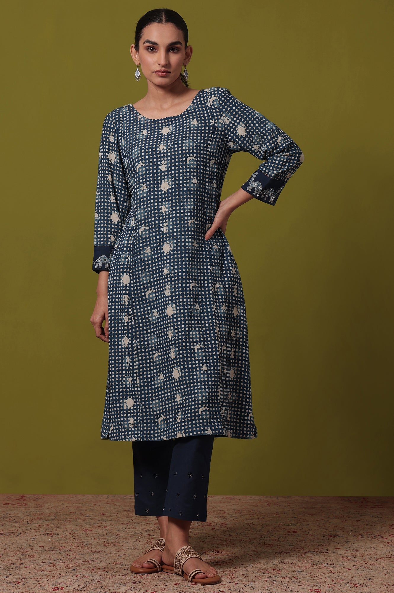 Polka Print  A-line Cotton Blend Kurta