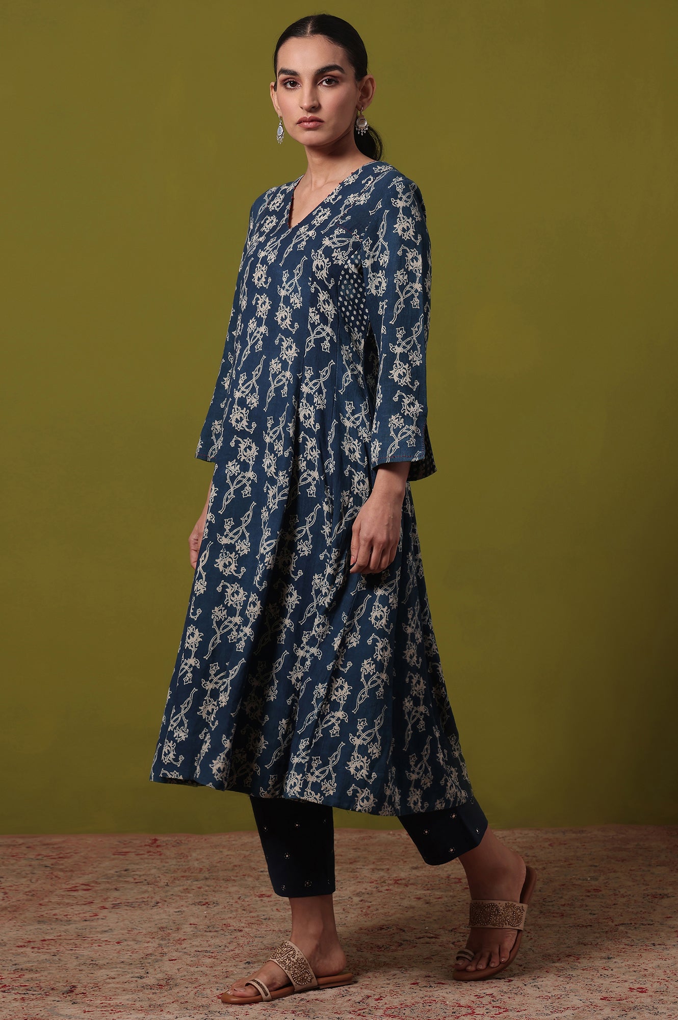 Floral Printed  Flared Cotton Blend Kurta