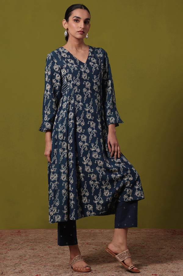 Floral Printed  Flared Cotton Blend Kurta