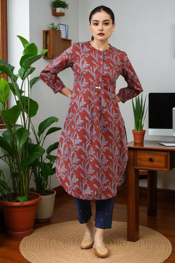 Red Handblock Print Kurta In Soft Voile