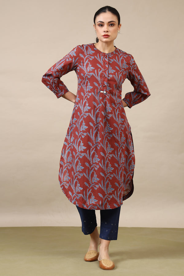 Red Handblock Print Kurta In Soft Voile