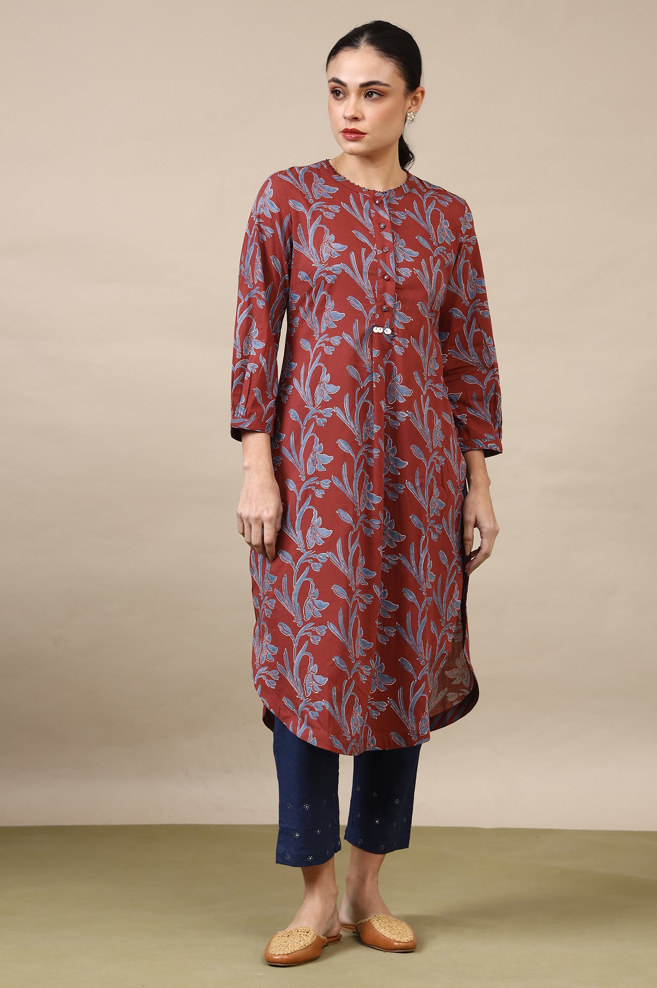 Red Handblock Print Kurta In Soft Voile