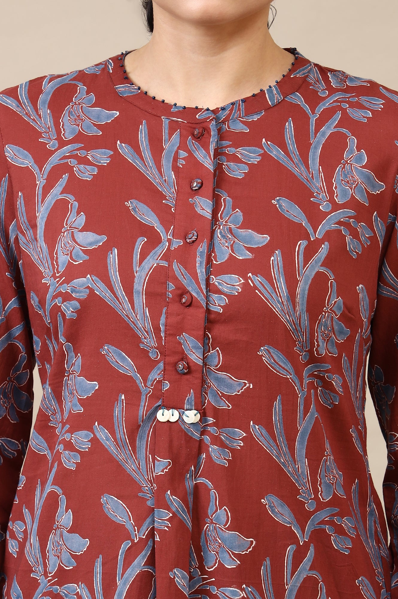 Red Handblock Print Kurta In Soft Voile
