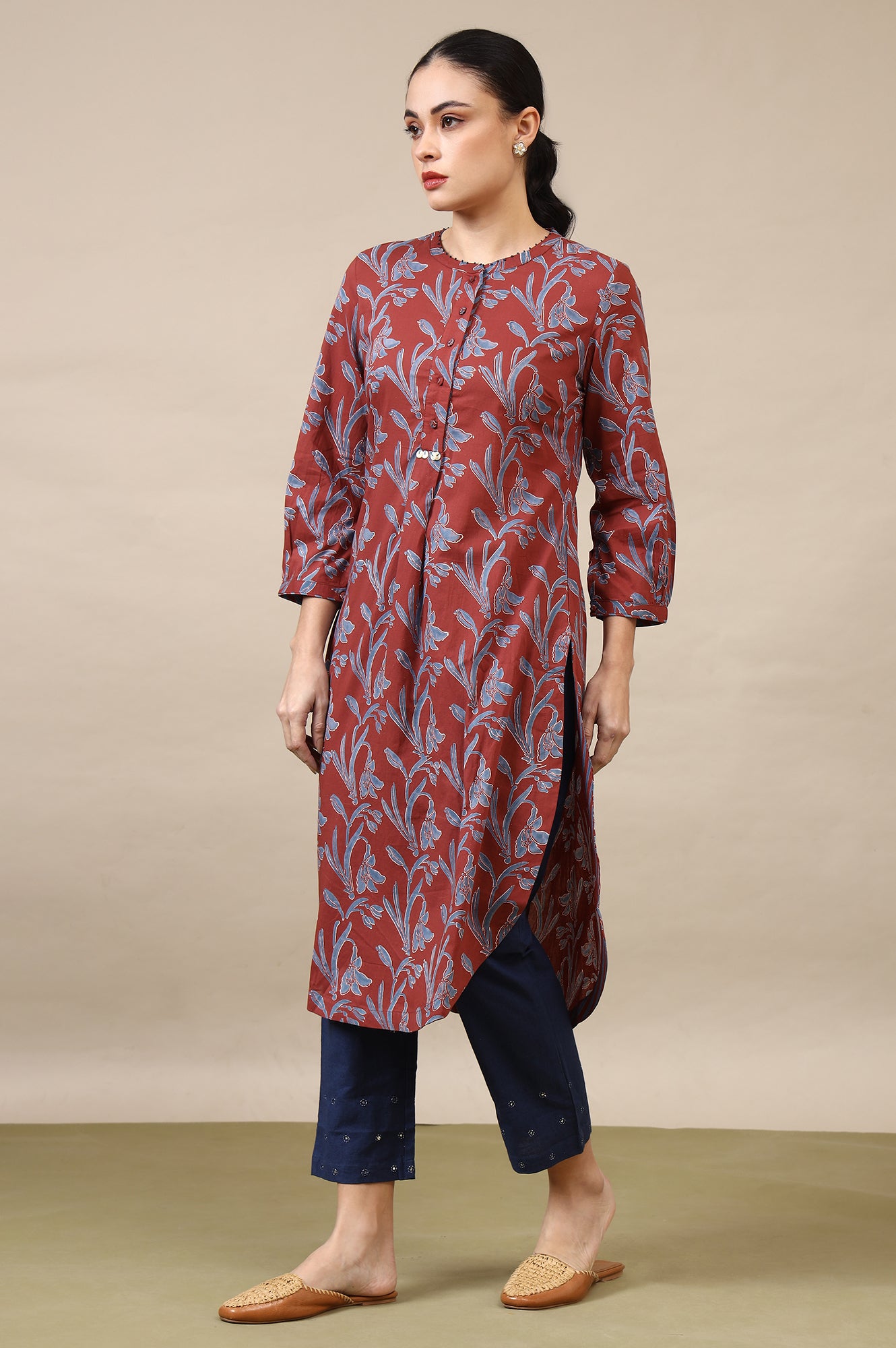 Red Handblock Print Kurta In Soft Voile
