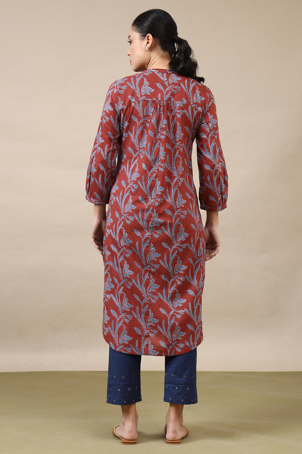 Red Handblock Print Kurta In Soft Voile