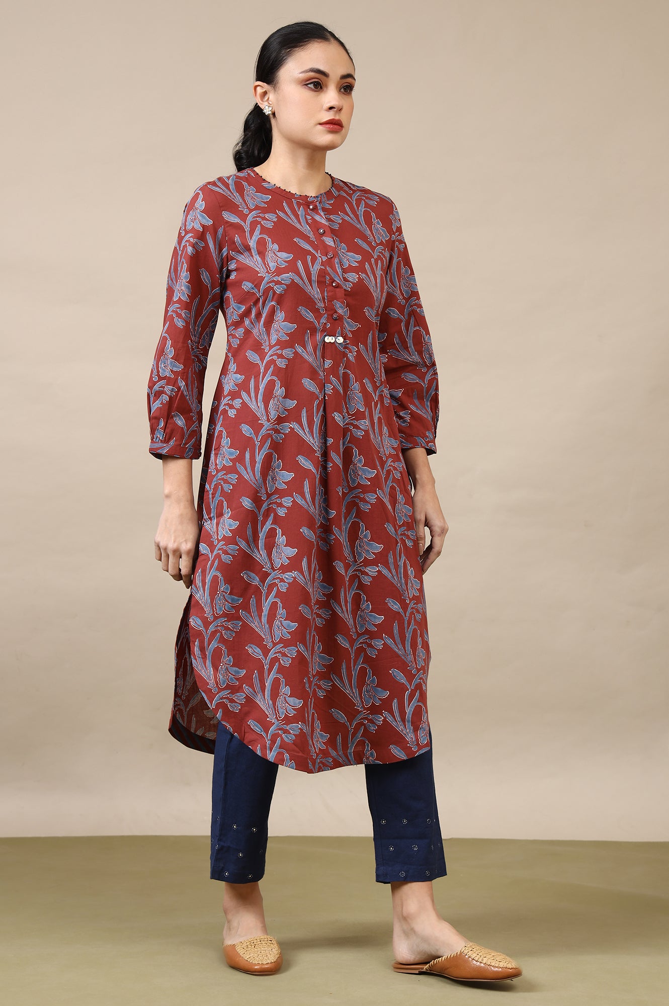 Red Handblock Print Kurta In Soft Voile