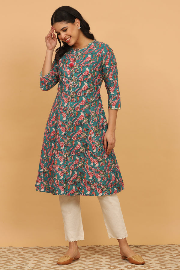 Dark Green Handblock Print Kurta in Cotton Slub