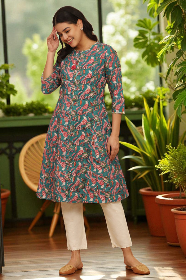 Dark Green Handblock Print Kurta in Cotton Slub