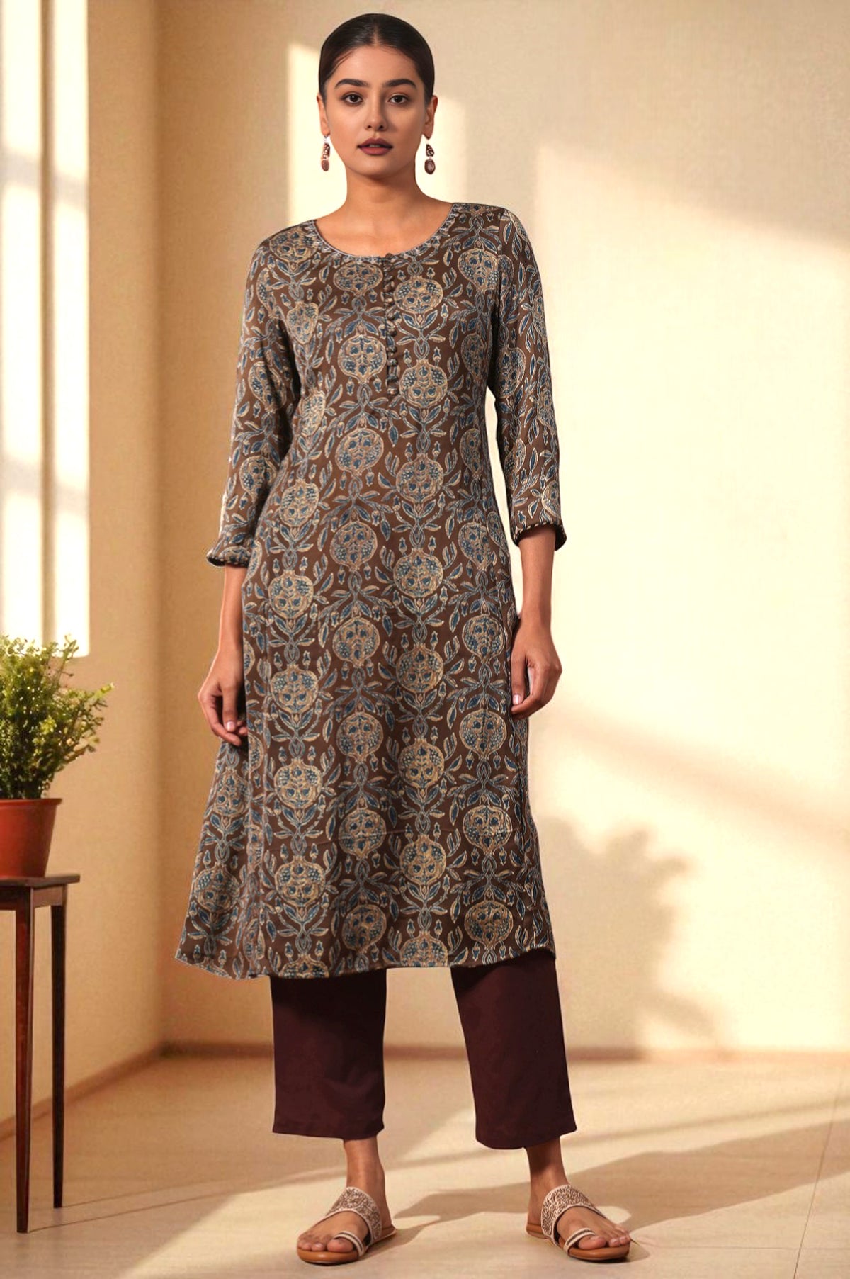 Floral Printed A-line Modal Satin Kurta - S