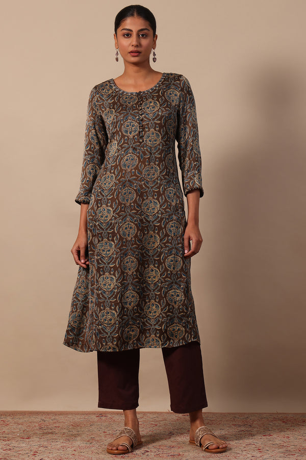 Floral Printed  A-line Modal Satin Kurta