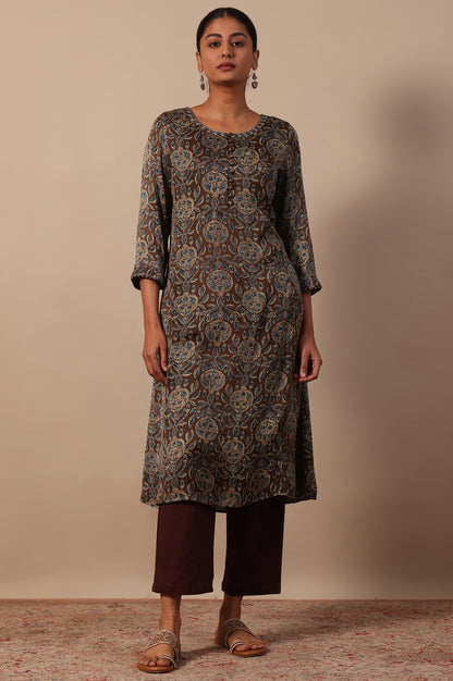 Floral Printed  A-line Modal Satin Kurta