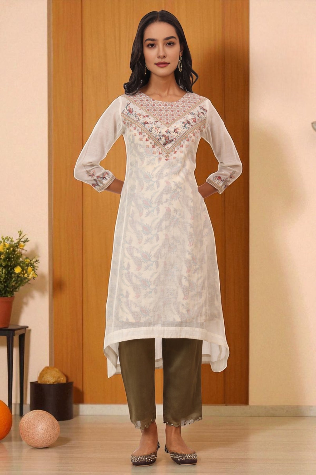Ecru Appliqué Embroidered Layered Kurta in Cotton Silk - XS
