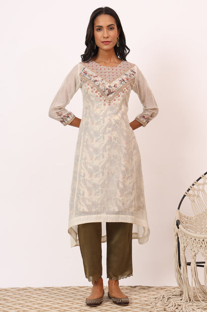 Ecru Appliqué Embroidered Layered Kurta in Cotton Silk